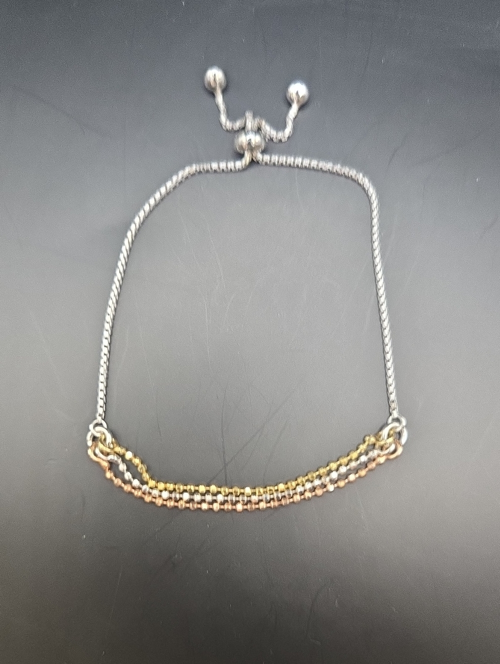 14k Tri-Tone Gold Over .925 Sterling Silver Beaded Slider Bracelet 8.5"- NEW